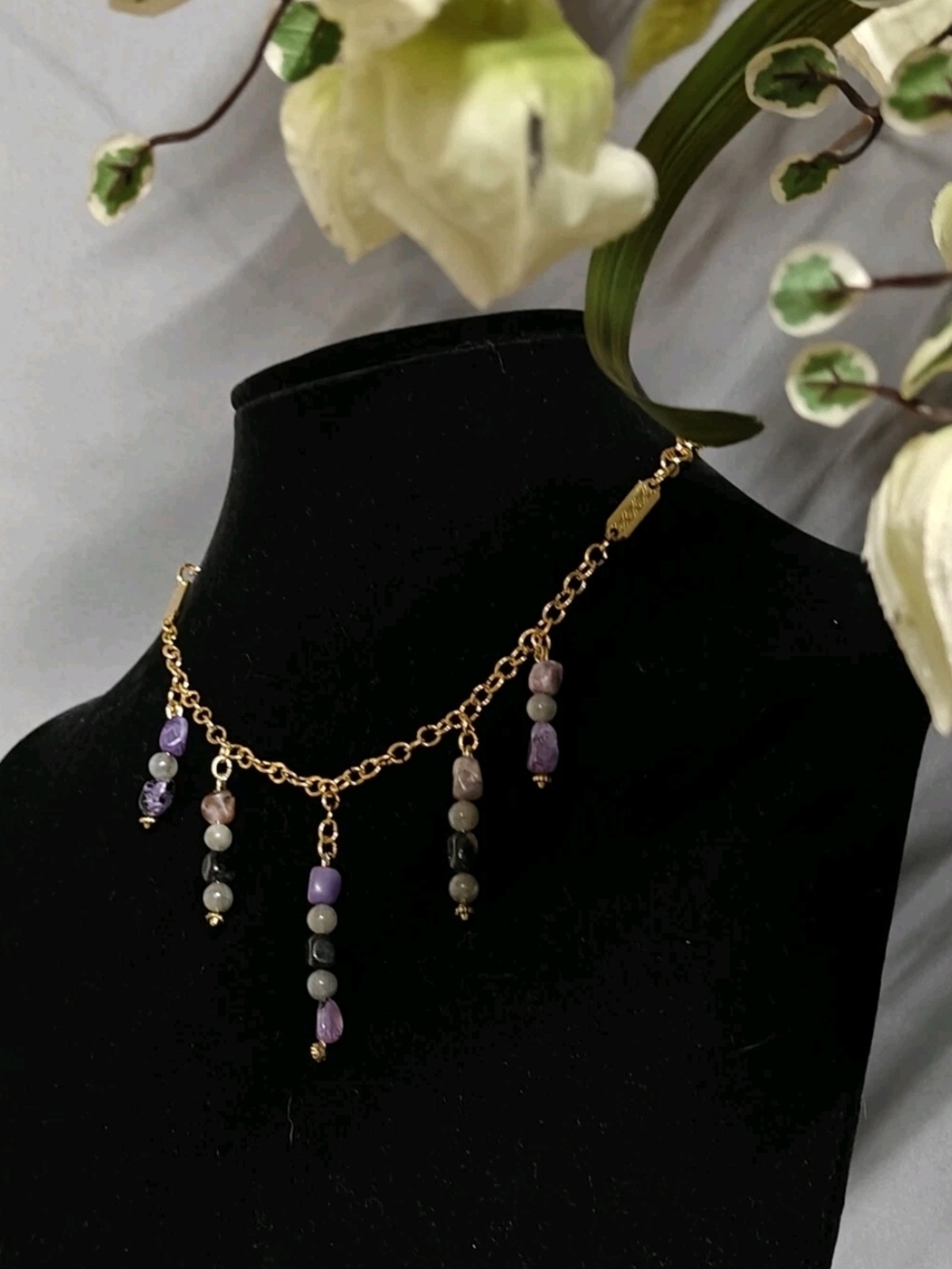 Adjustable Women's 17.5in-20in Labradorite And Charoite Fringe Necklace